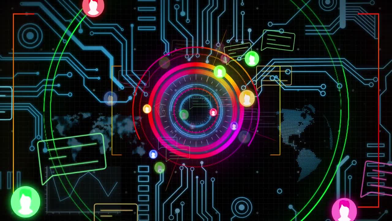 Animation of scope scanning and data processing over icons and computer circuit board