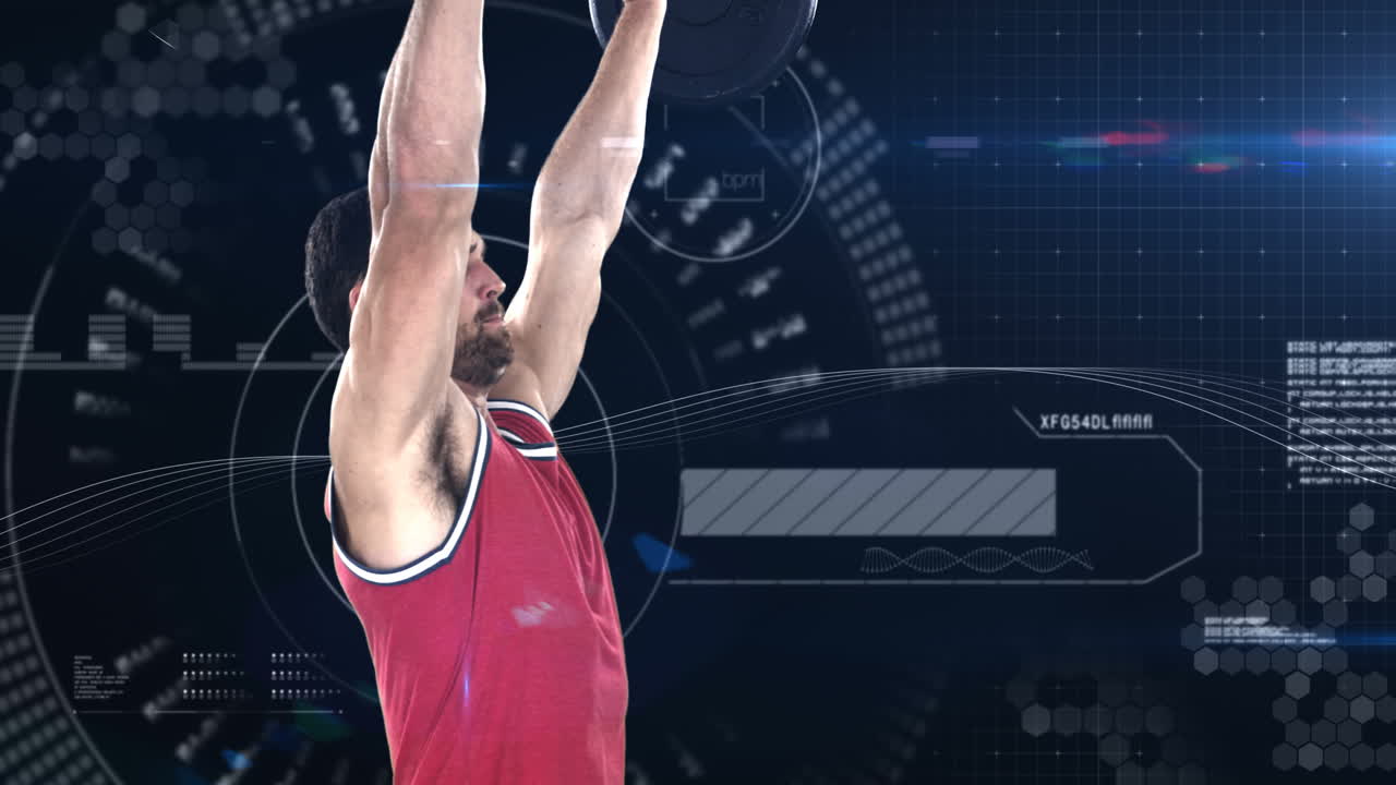 애니메이션 배경 에 무거운 바벨 무게 를 들어 올리는 보디빌더