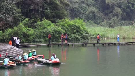 people boating and walking near lush greenery