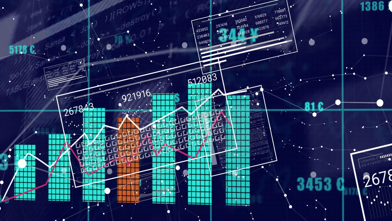 Animation of digital bar graph with data points connecting on dark background