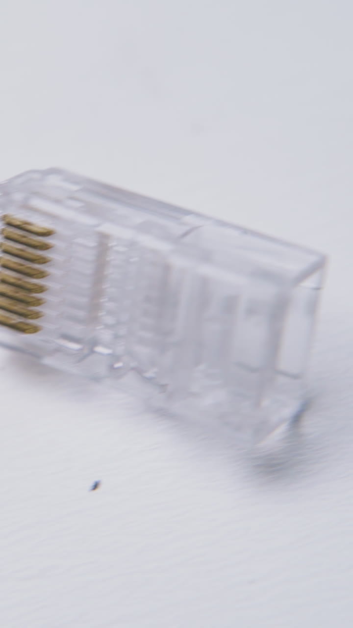 line of plastic transparent connectors for telephone and internet on white background macro view