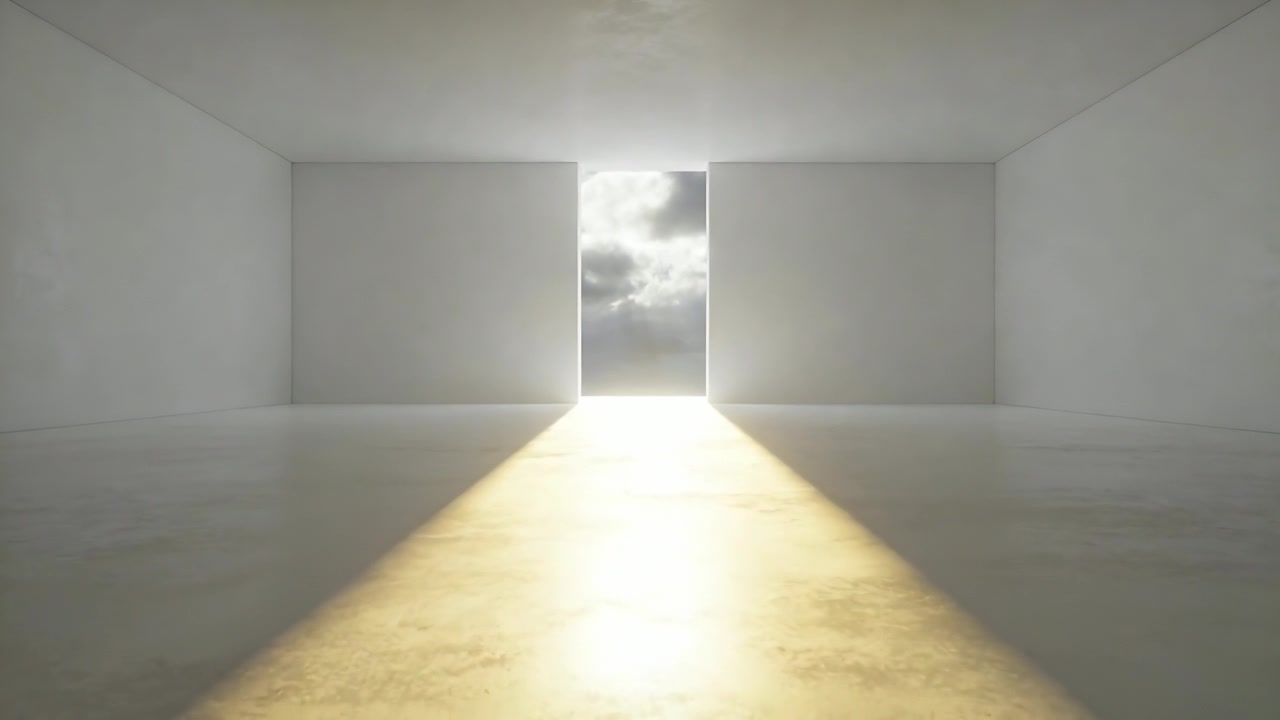 Casting sunbeam from central opening sweeping across polished floor in white room, clouds moving