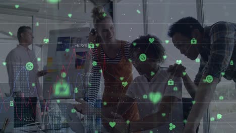 animation of network of connections with icons over diverse business people