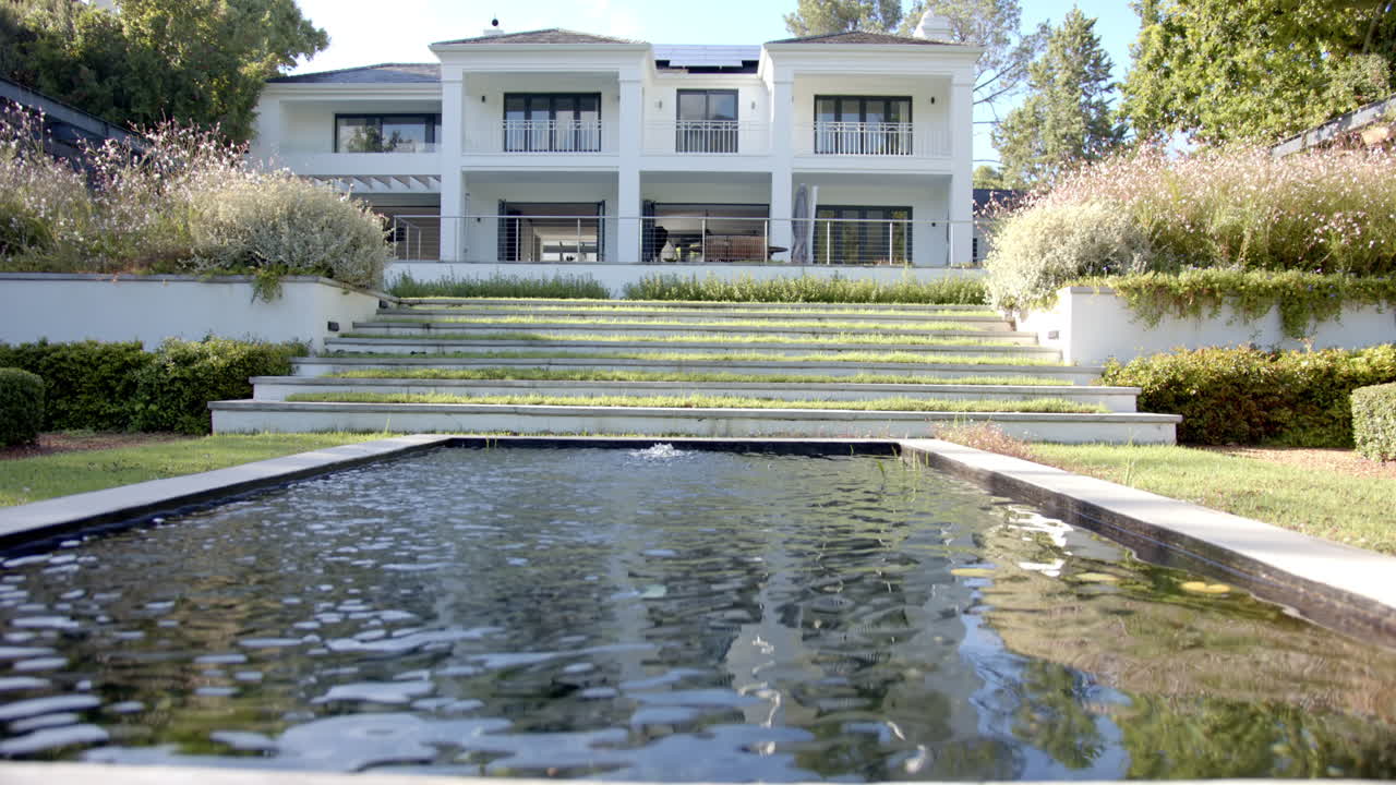 Luxury home with large pool and landscaped garden, showcasing modern architecture, copy space