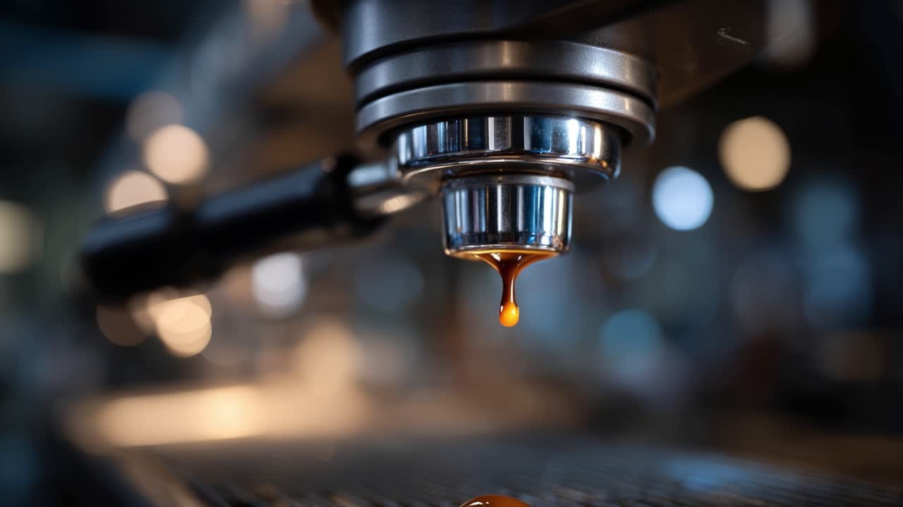 Dark espresso drips slowly from a machine's spout. Warm light glows behind blurred cafe equipment. Drops fall onto a metal tray below. Quiet focus on coffee's rich, velvety flow