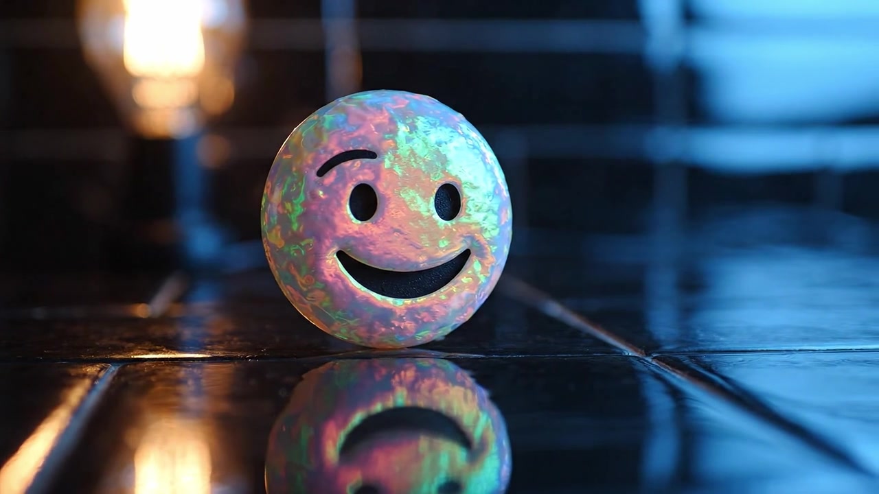 En farverig smiley-bold, der reflekterer lys med strålende mønstre på en blank overflade, fanget i to billeder, der viser dens unikke glød og udtryk.