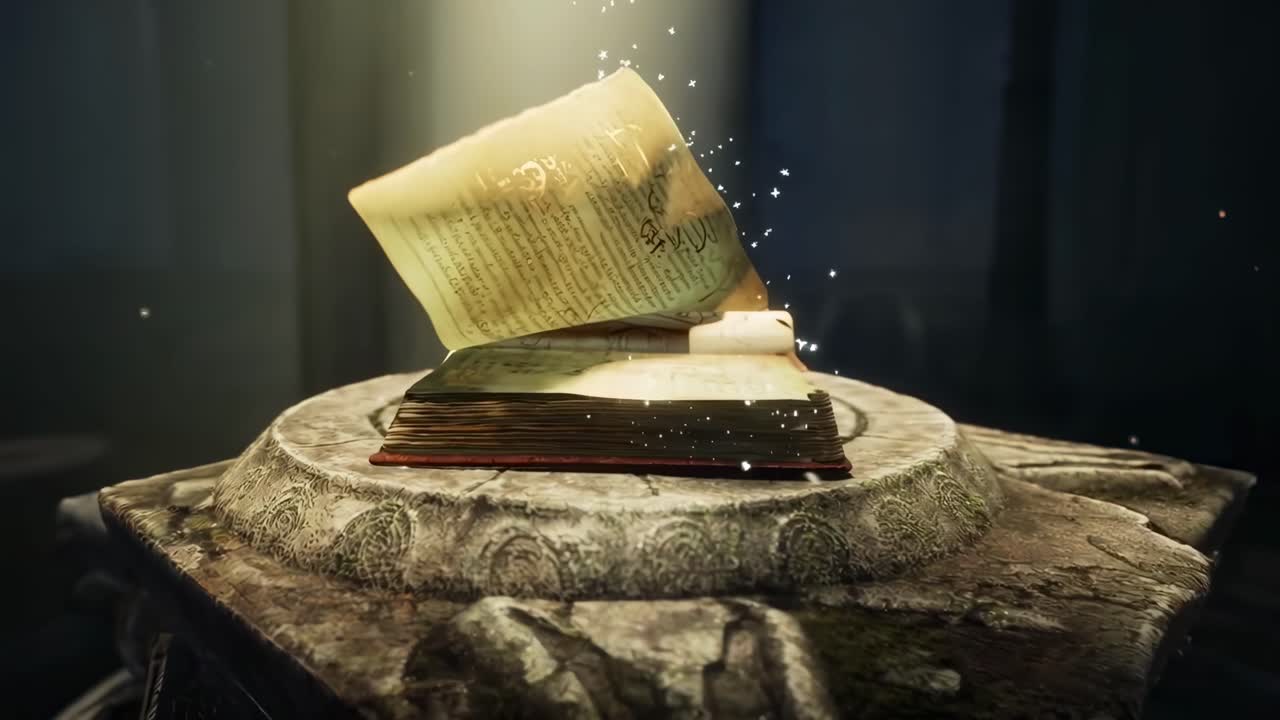Мистическая видеосцена с открытой книгой, снятой снизу, освещенной неземным светом