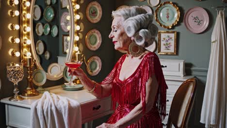 glamorous senior actress with curly white hair and red fringed dress, savoring a red cocktail in her vintage hollywood style boudoir, exuding timeless elegance and sophistication