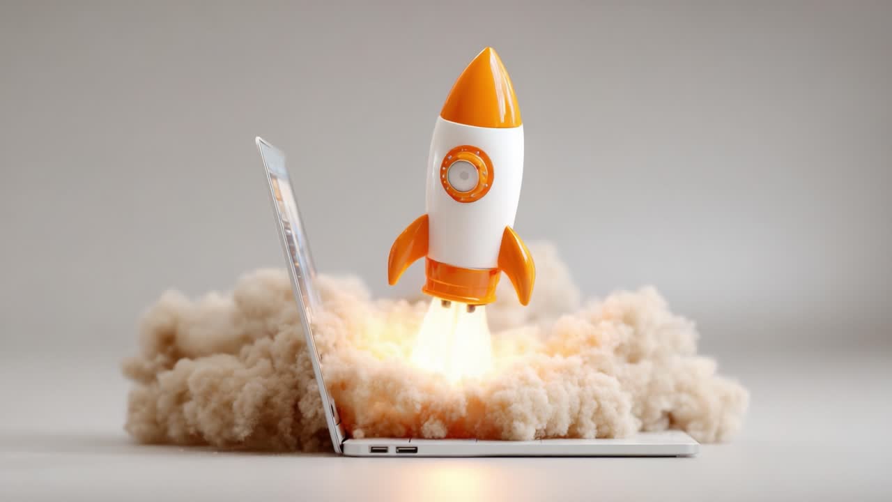 A playful rocket taking off from an open laptop, surrounded by clouds of smoke and dust, symbolizes innovation and creativity in technology and imagination