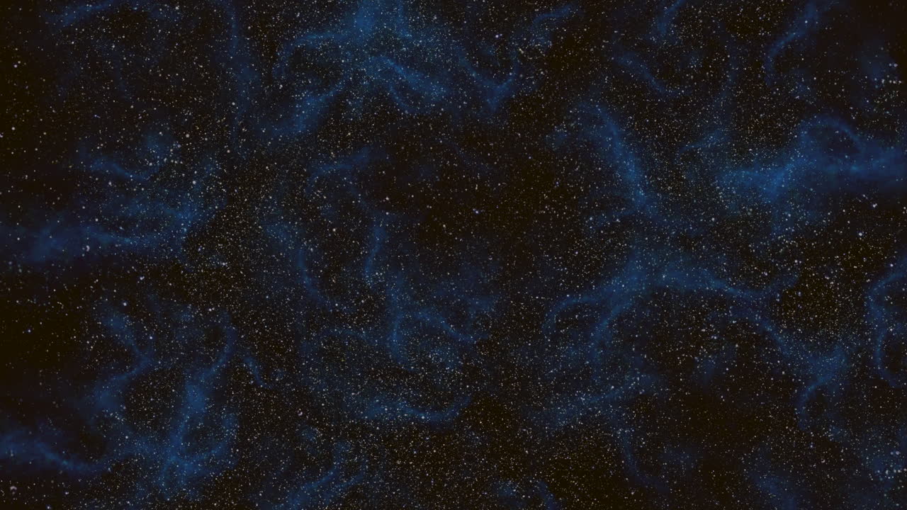 Universe with flying dust in dark blue clouds