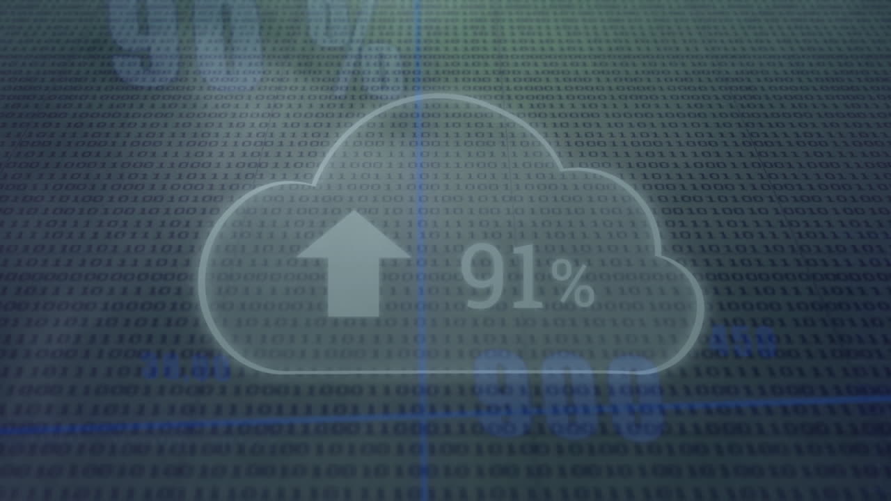 animación de la flecha hacia arriba y números crecientes de 0 a 100 en la nube sobre códigos binarios en el fondo.