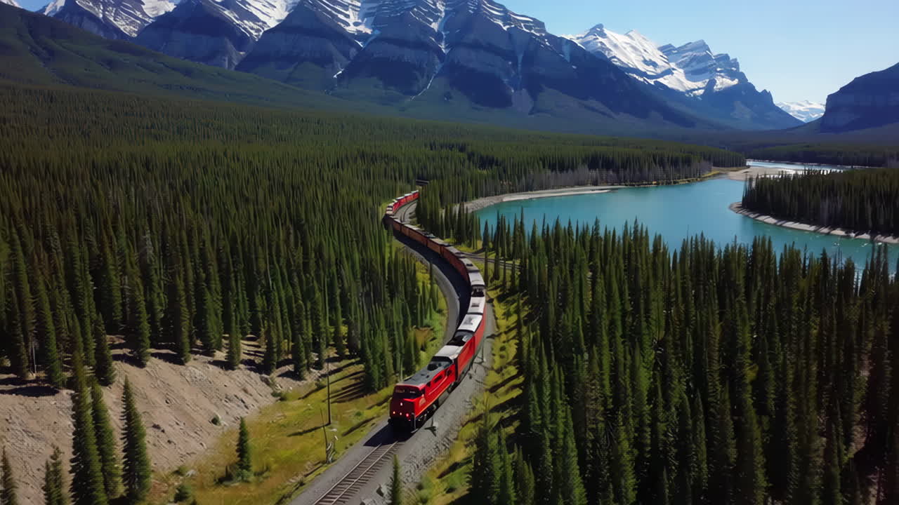 Red Train Winding Through Mountainous Forest and River Landscape