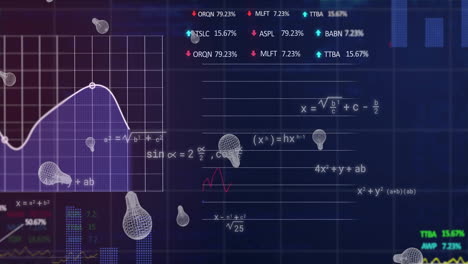 Animation-of-lightbulbs-and-digital-data-processing-on-black-background