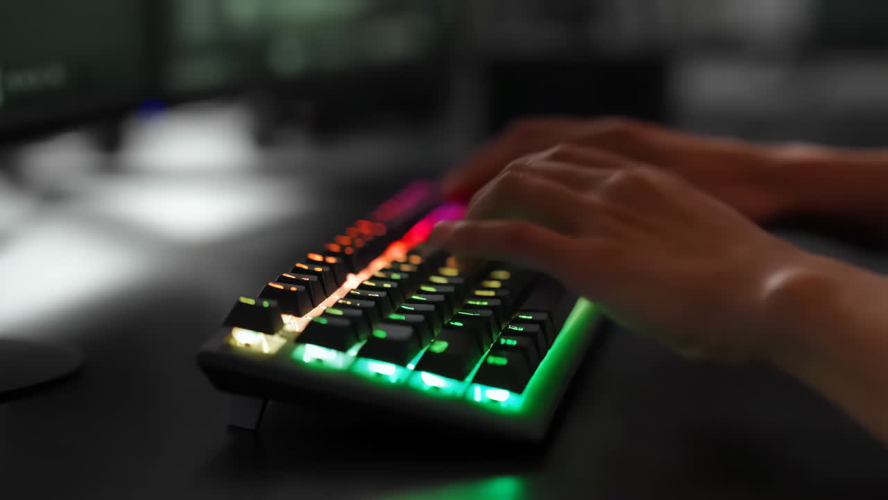 Hands Typing on a Luminous RGB Gaming Keyboard