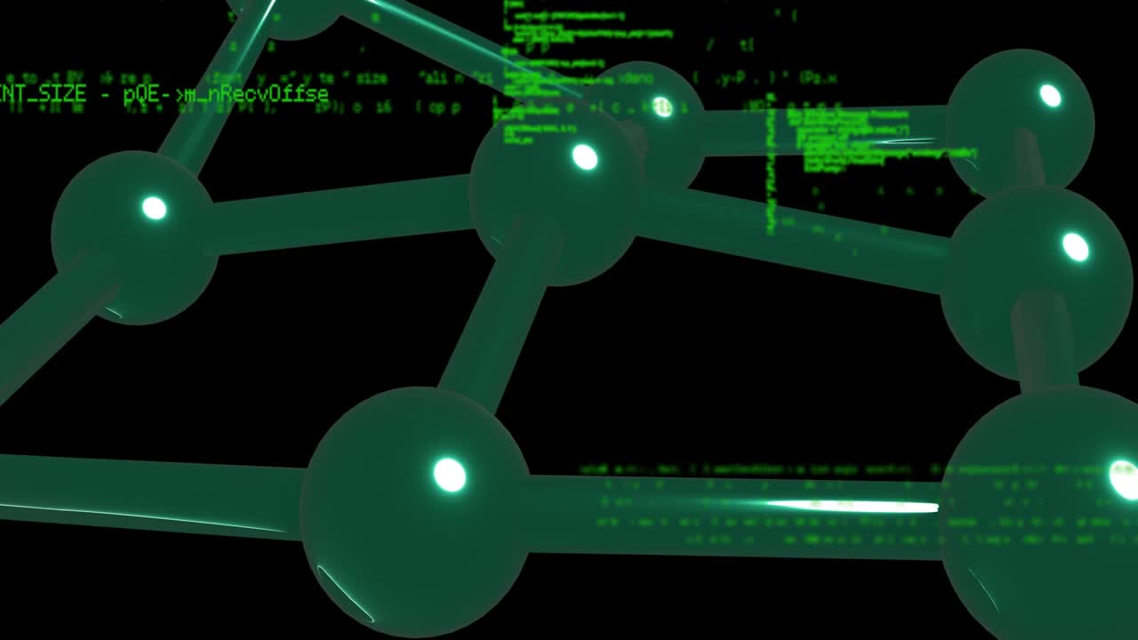 Camera rotating downward, revealing green node lattice while code streaming and showing diagnostics