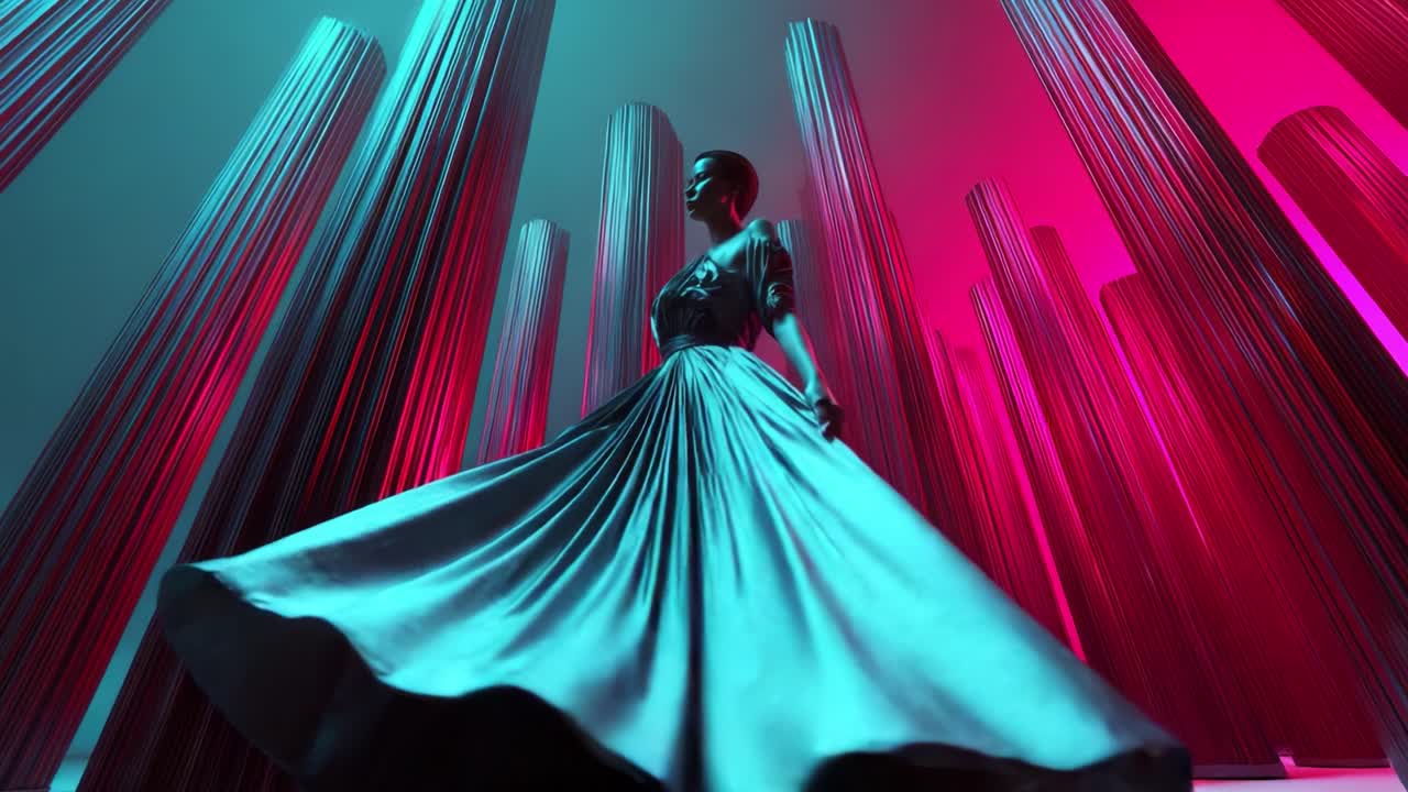 Elegant kvinde i futuristiske omgivelser med neonbelysning