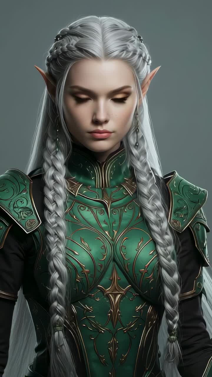 Vertical video: Standing elf warrior holding pose on gray backdrop, showing ornate green armor