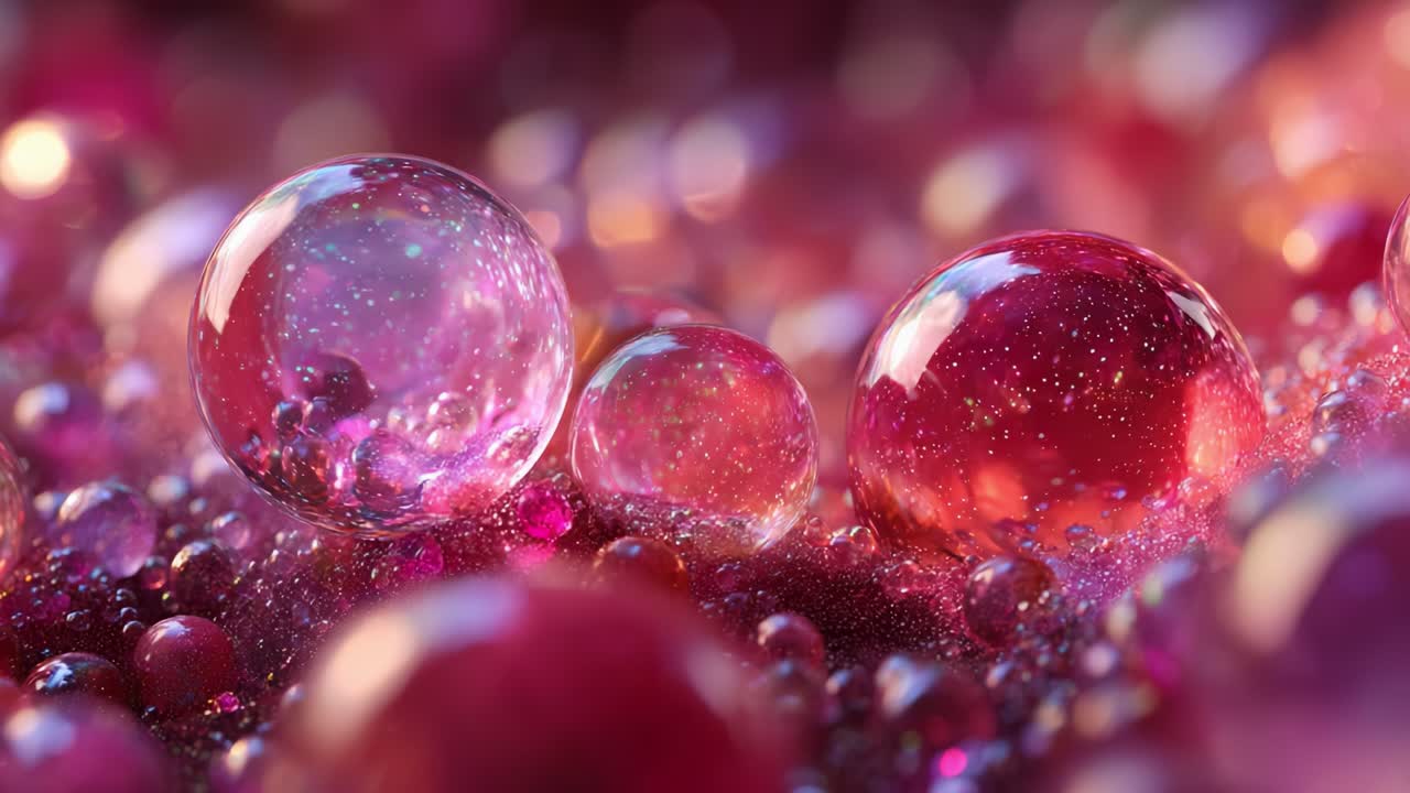 A mesmerizing close-up exploration of glimmering pink and purple bubbles that sparkle vividly against a backdrop of glistening textures, creating a captivating visual experience