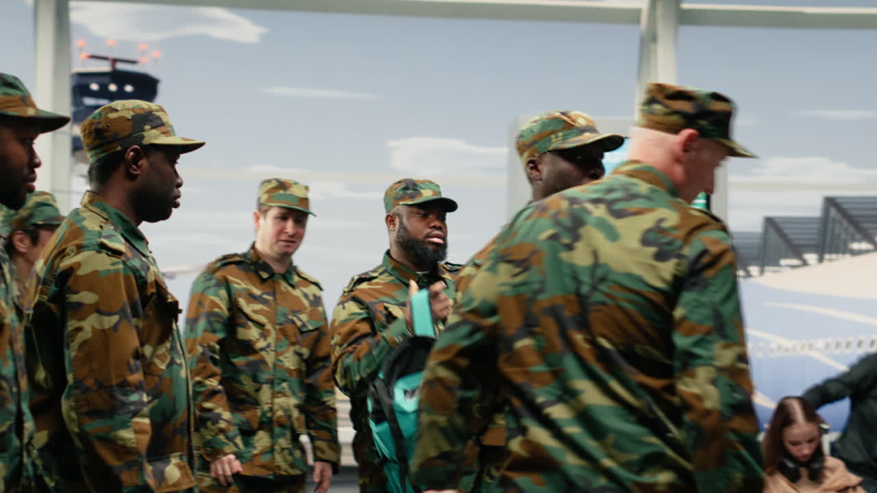 Squadra dell'esercito al comando, sedie e veterano militare in aeroporto