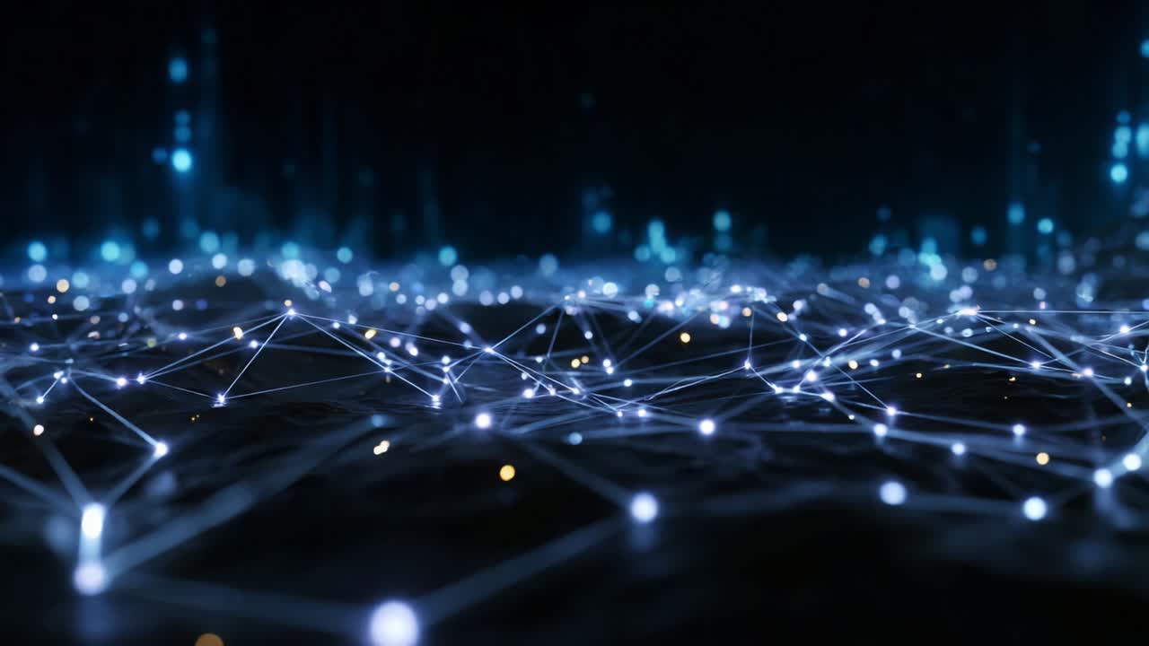 A mesmerizing visual representation of an illuminated network of interconnected nodes, showcasing a blend of vibrant blue and orange lights set against a dark background, depicting the concept of digital connectivity and information flow
