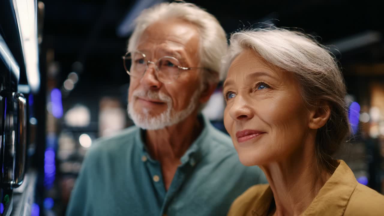 A Happy Elderly Couple Enjoys the Experience of Exploring New Technology Together, Engaging in a Moment of Connection and Comfort While Discovering Gadgets and Innovations for the Future