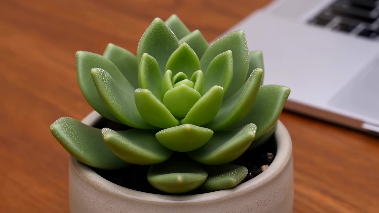 Primo piano ravvicinato di una rosetta di succulenta verde con goccioline d'acqua simili a rugiada in un vaso di ceramica chiaro poggiato su una calda scrivania di legno. Luce direzionale soffusa dal