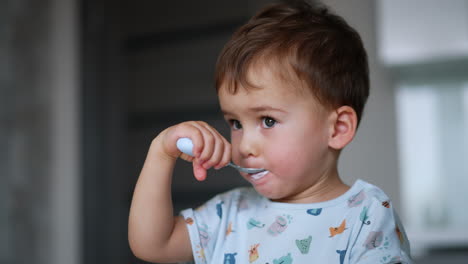 lovely baby eating dairy from spoon himself. calm focused child having yoghurt. close up. blurred backdrop.
