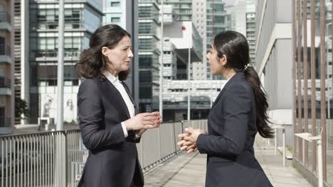 colleagues shaking hands and talking on street