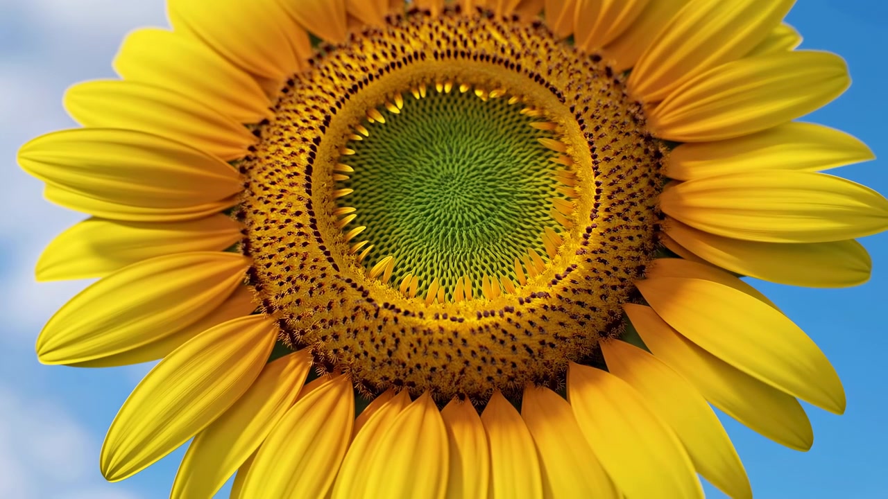 Close-up diurno detalhado de uma única cabeça de girassol amarelo brilhante ligeiramente à direita do centro, mostrando flósculos de disco espiralados verdes e sementes em desenvolvimento concêntricas