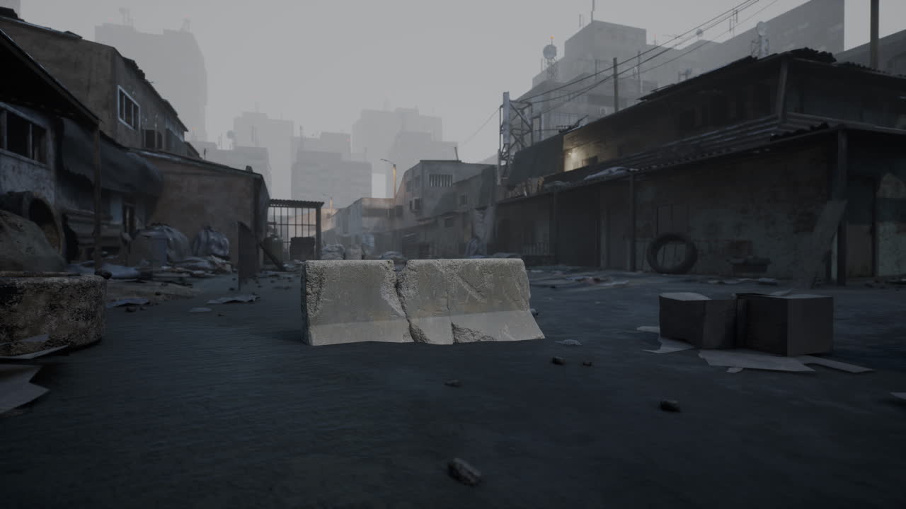 새벽에 황폐한 도시 거리에서 콘크리트 장벽을 특징으로 하는 도시 풍경