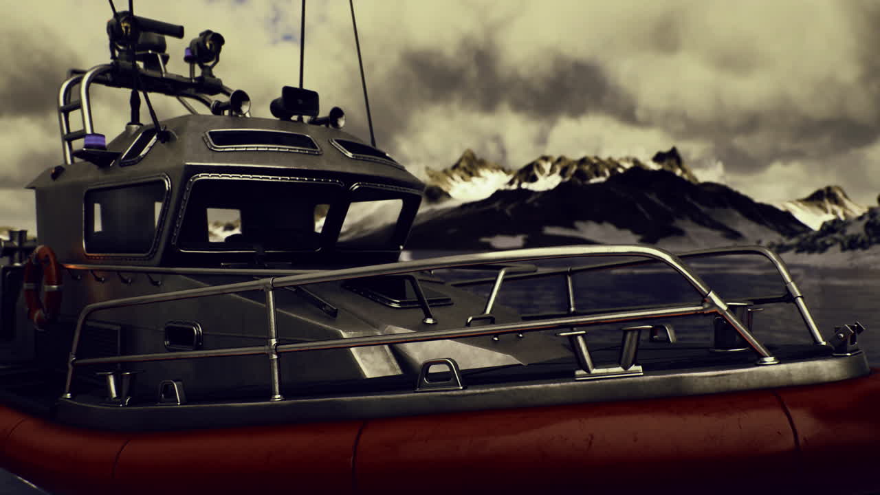 Boat docked on a tranquil lake surrounded by mountains under a cloudy sky