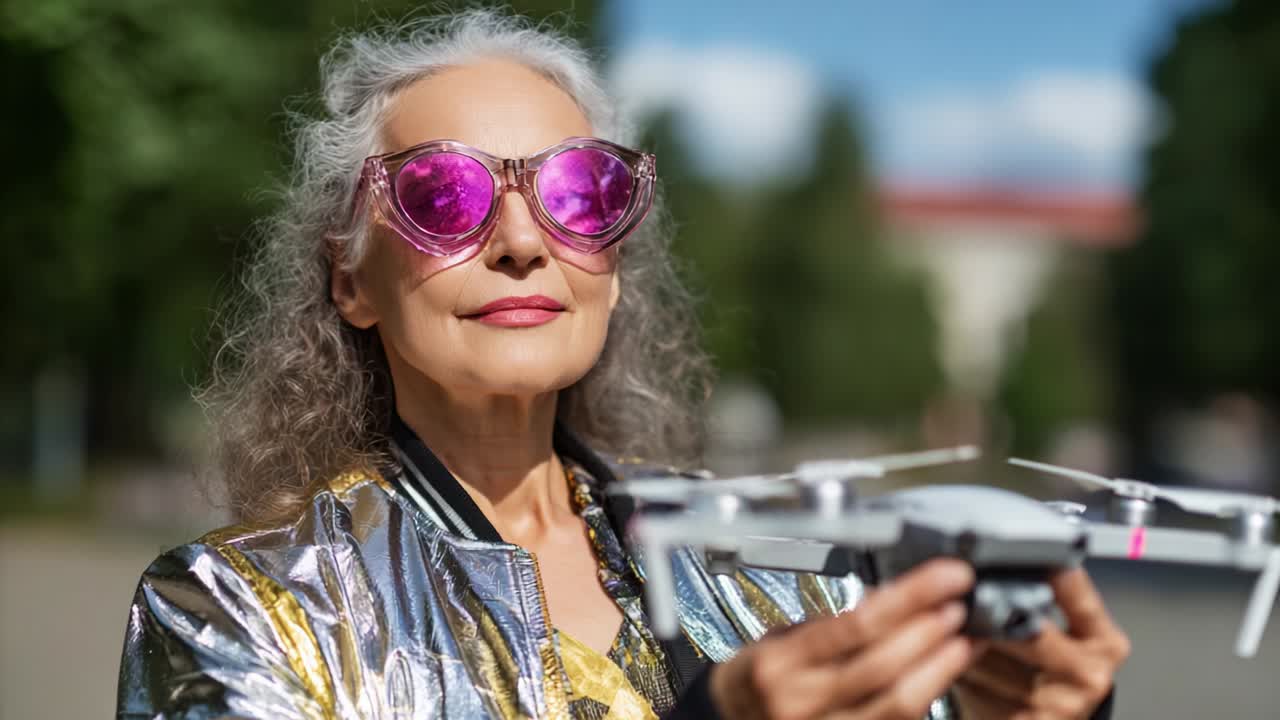 An Enthusiastic Senior Woman Embraces Technology With Style, Holding a Drone in Her Hands, Sporting Sunglasses and a Shiny Jacket, Illustrating the Blend of Modern Innovation and Fashionable Expression