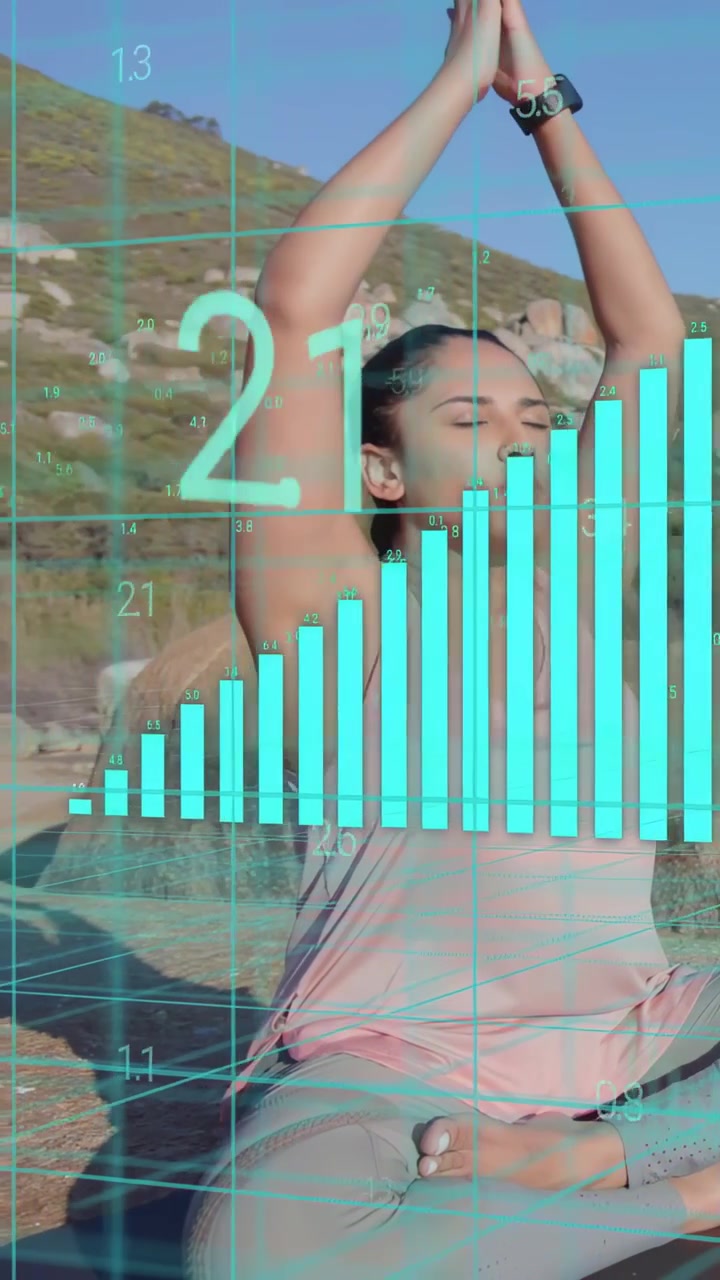 Video verticale: Donna che inspira e alza le braccia, con griglia AR e barre crescenti che monitorano il respiro per la salute.