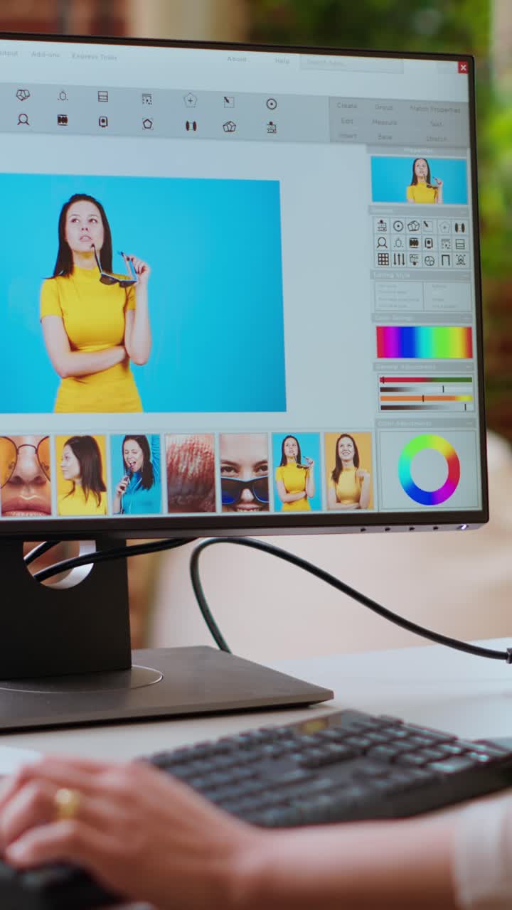 Esperta di video verticali, un'artista modifica foto digitali sul suo computer in un ufficio creativo