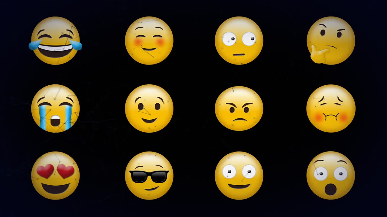 Digitální animace sítě spojení nad několika obličejovými emoji na černém pozadí