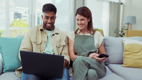 Laptop,-laughing-and-a-couple-on-a-sofa