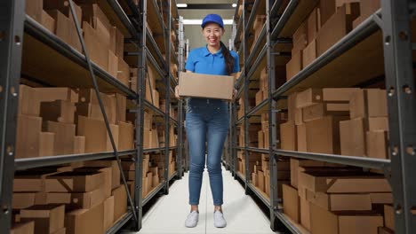 full body of asian female courier in blue uniform smiling while delivering a carton in warehouse