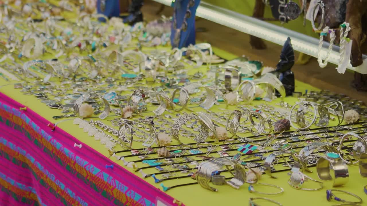 Handheld shot of handcrafts in a popular destination in Mexico
