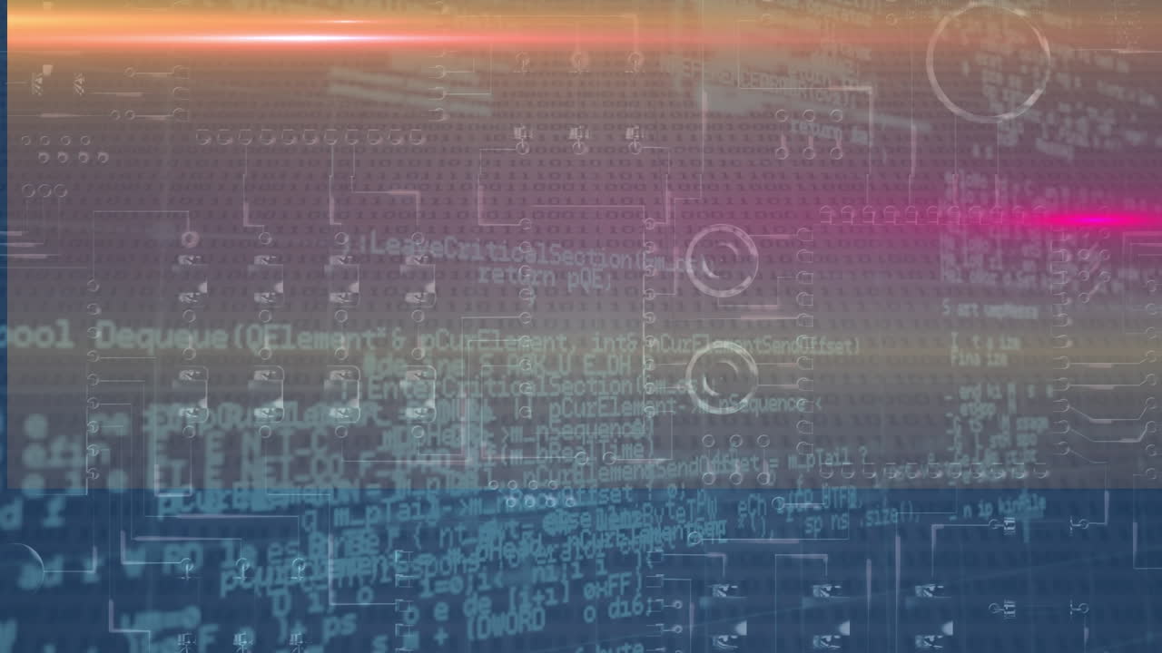 Animation of data processing over glowing computer circuit board