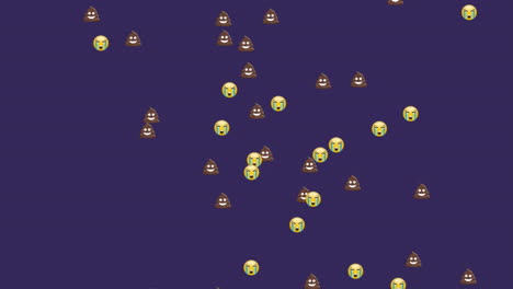 animación de caca y iconos emoji con choque en fondo púrpura