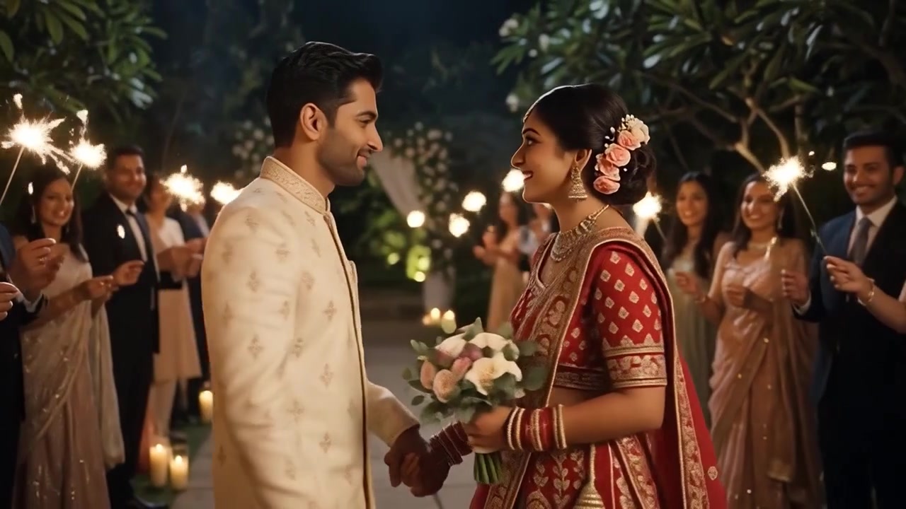 Indian Bride and Groom Walking Through Sparkler Tunnel at Wedding