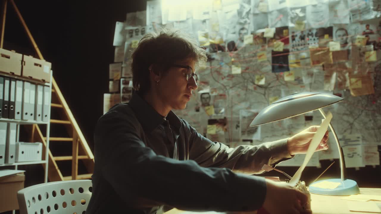 Female Detective Typing Document and Putting It on Evidence Board