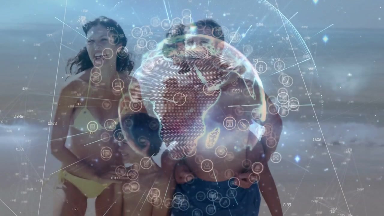 Family shifting poses on beach, holo globe fading in over family, initiating tech icons for promo