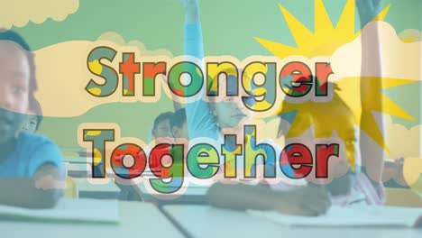 Animation-of-stronger-together-text-formed-with-puzzles-over-schoolchildren-in-class