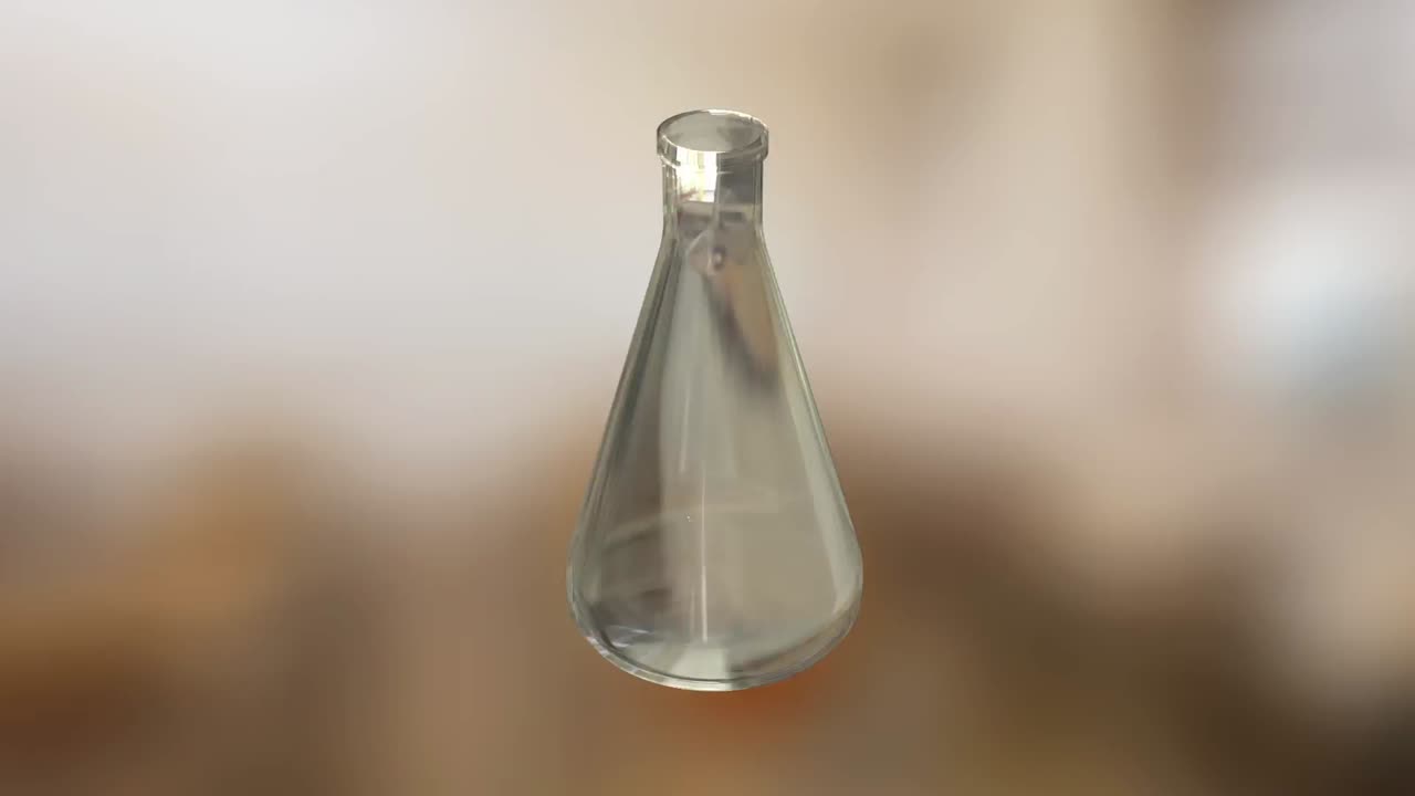 animación de una botella de vidrio de laboratorio que gira sobre las moléculas de fondo