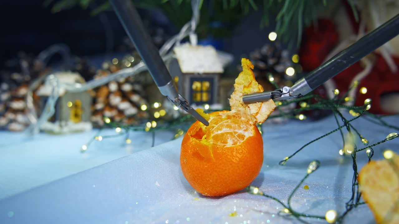 Medical robot surgery peels off the fruit. Small claws of robotic arms peel off the tangerine close up. Christmas decorations at the background.