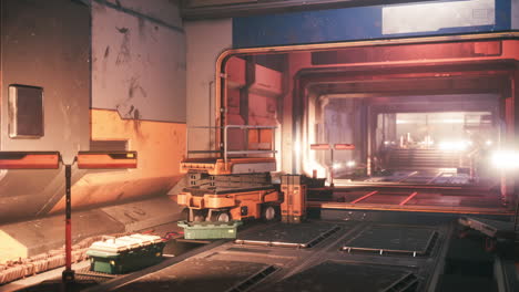 industrial interior of a futuristic warehouse with glowing lights and machinery