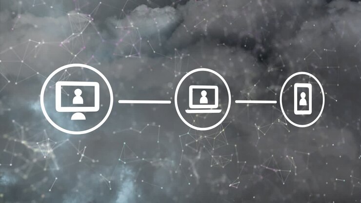 Animation of digital icons and network of connections against thunder and dark clouds