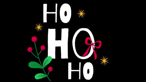 animación del texto ho ho ho con decoraciones navideñas en fondo negro