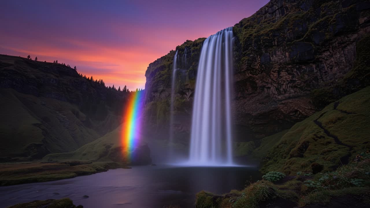Spectacular Waterfall Surrounded by Lush Greenery and a Vibrant Rainbow at Sunset, Capturing the Beauty of Nature's Breathtaking Harmony